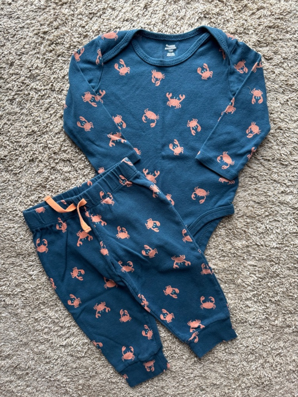 12M Amazon Essentials Crab Print Outfit Set Blue Bodysuit + Pants